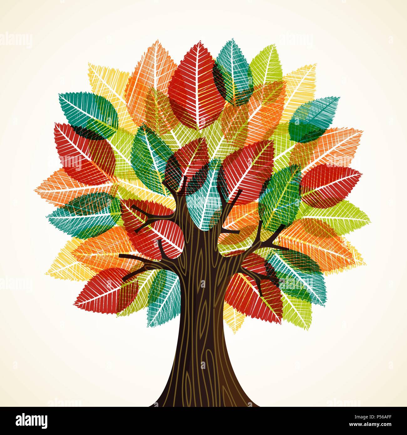 Albero con texture di legno e colore di autunno foglie. Concetto illustrazione per la cura per l ambiente o Natura progetto di guida. EPS10 vettore. Illustrazione Vettoriale