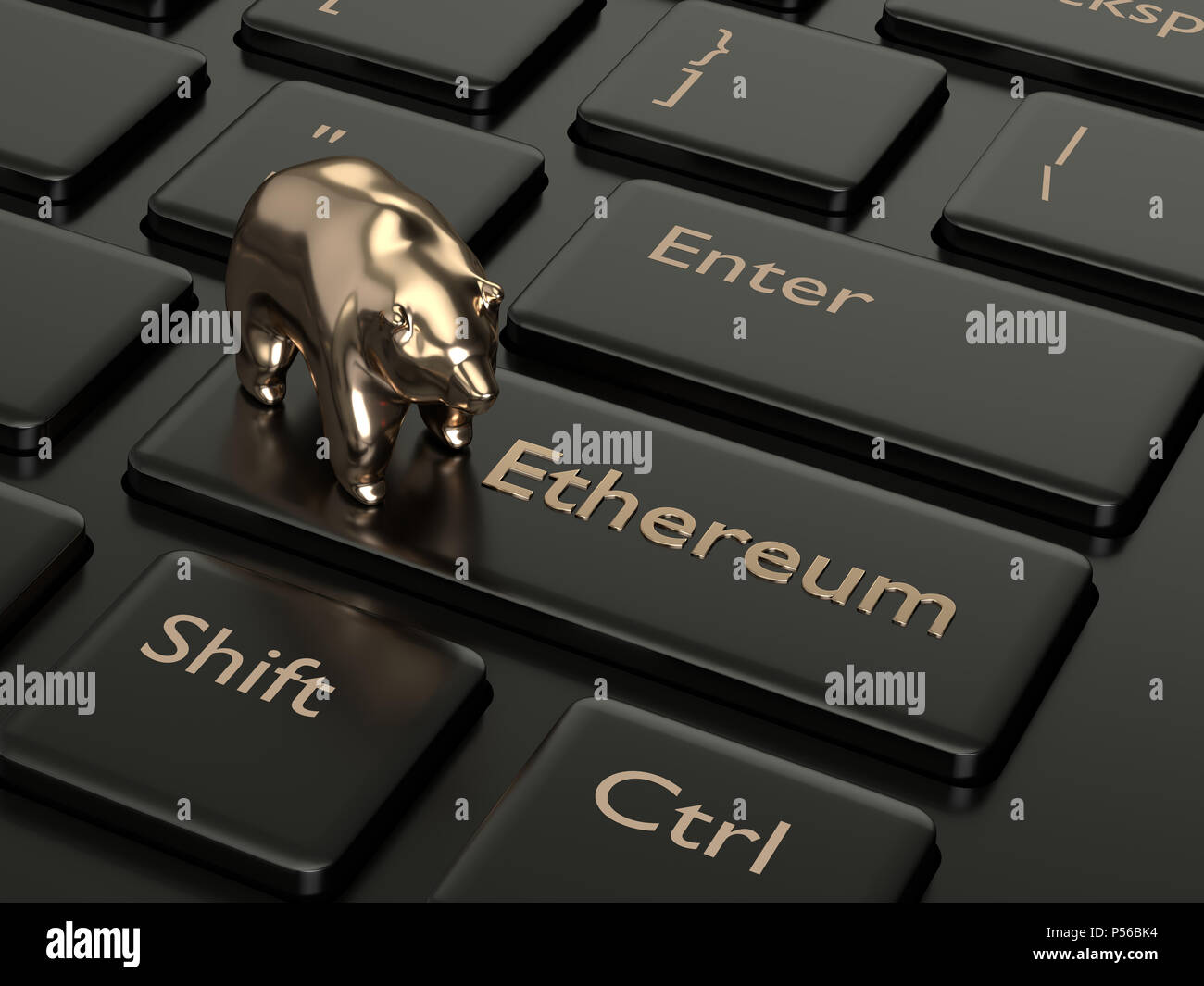 3D render della tastiera del computer con pulsante ethereum e orso. Concetto Cryptocurrencies. Foto Stock