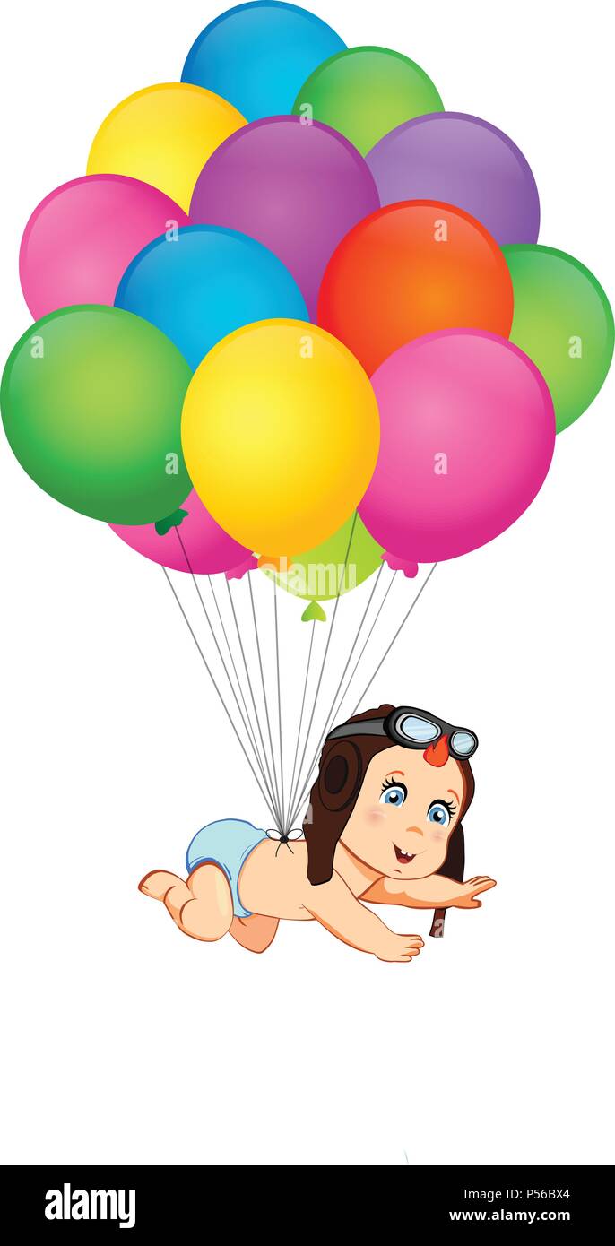 Il suo un ragazzo cartoon illustrazione vettoriale con simpatici baby girl nel pilota hat battenti sul mazzetto di coloratissimi palloni di elio isolato su bianco. Baby shower gree Illustrazione Vettoriale