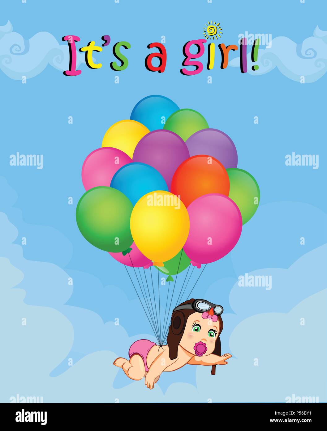 La sua una ragazza cartoon illustrazione vettoriale con simpatici baby nel pilota hat cadendo sul mazzetto di palloni di elio su blu cielo nuvoloso sfondo. Baby shower Illustrazione Vettoriale