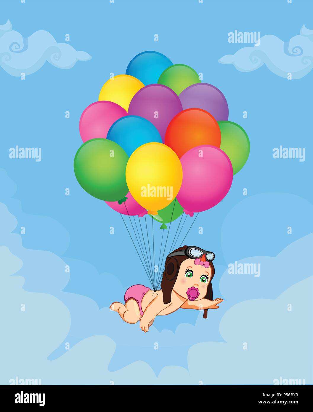 La sua una ragazza cartoon illustrazione vettoriale con simpatici baby nel pilota hat cadendo sul mazzetto di palloni di elio su blu cielo nuvoloso sfondo. Baby shower Illustrazione Vettoriale
