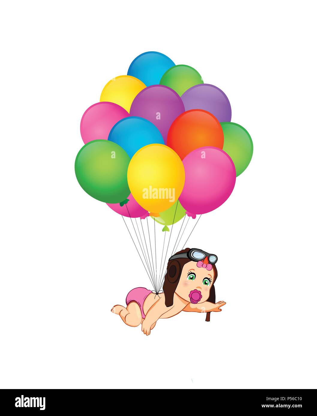 La sua una ragazza cartoon illustrazione vettoriale con simpatici baby girl nel pilota hat battenti sul mazzetto di coloratissimi palloni di elio su sfondo bianco. Baby shower g Illustrazione Vettoriale