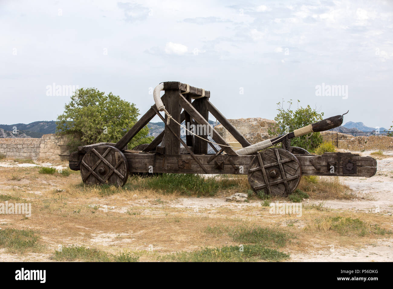 Trebuchet della fortezza di Les Baux de Provence, Francia Foto Stock