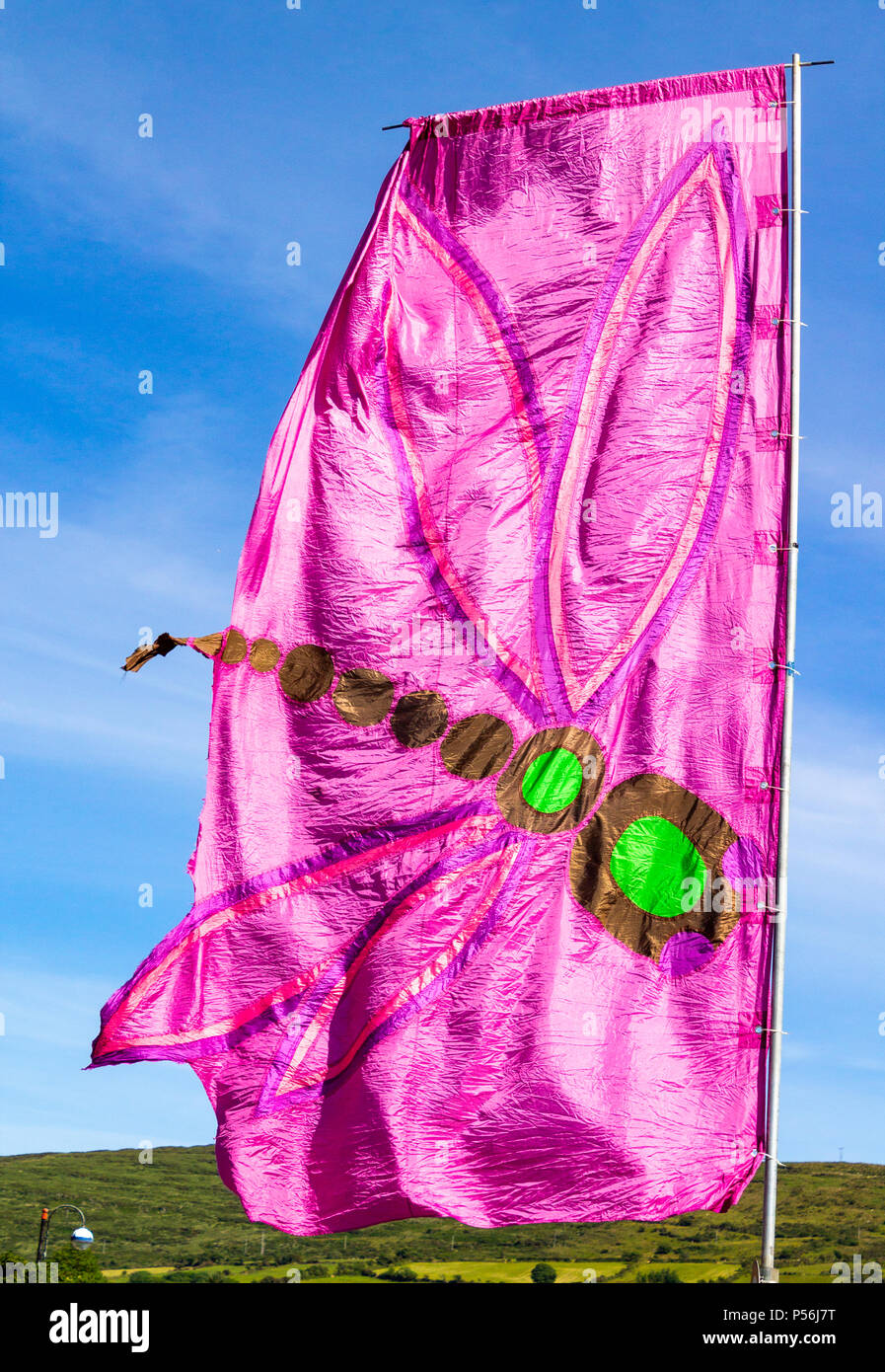 Vivacemente colorato o di colore viola bandiera o banner con un design a forma di libellula. Foto Stock