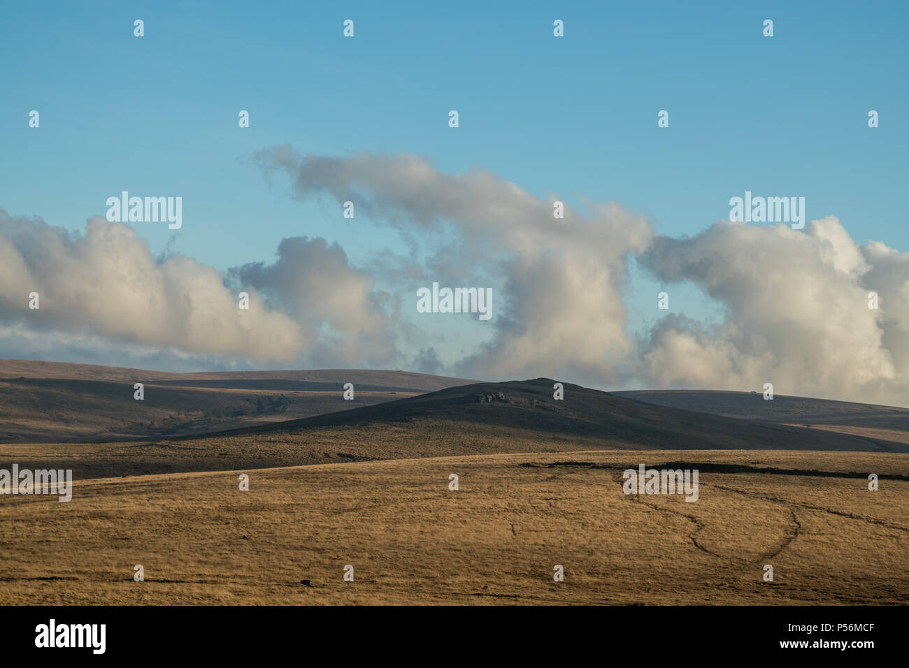 Nuvole a forma di cuore sulla romantica Dartmoor, contro un perfetto cielo blu Foto Stock