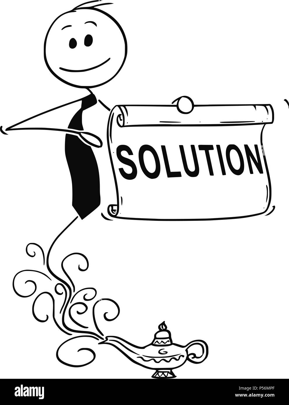 Cartoon di Genie imprenditore che figurano da lampada a soluzione offerta Illustrazione Vettoriale