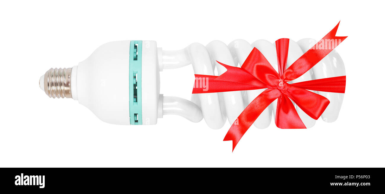 Rete elettrica - risparmio energetico studio lampada legato regalo arco rosso su sfondo bianco. Essa è isolata, il lavoratore di percorsi è presente. Foto Stock