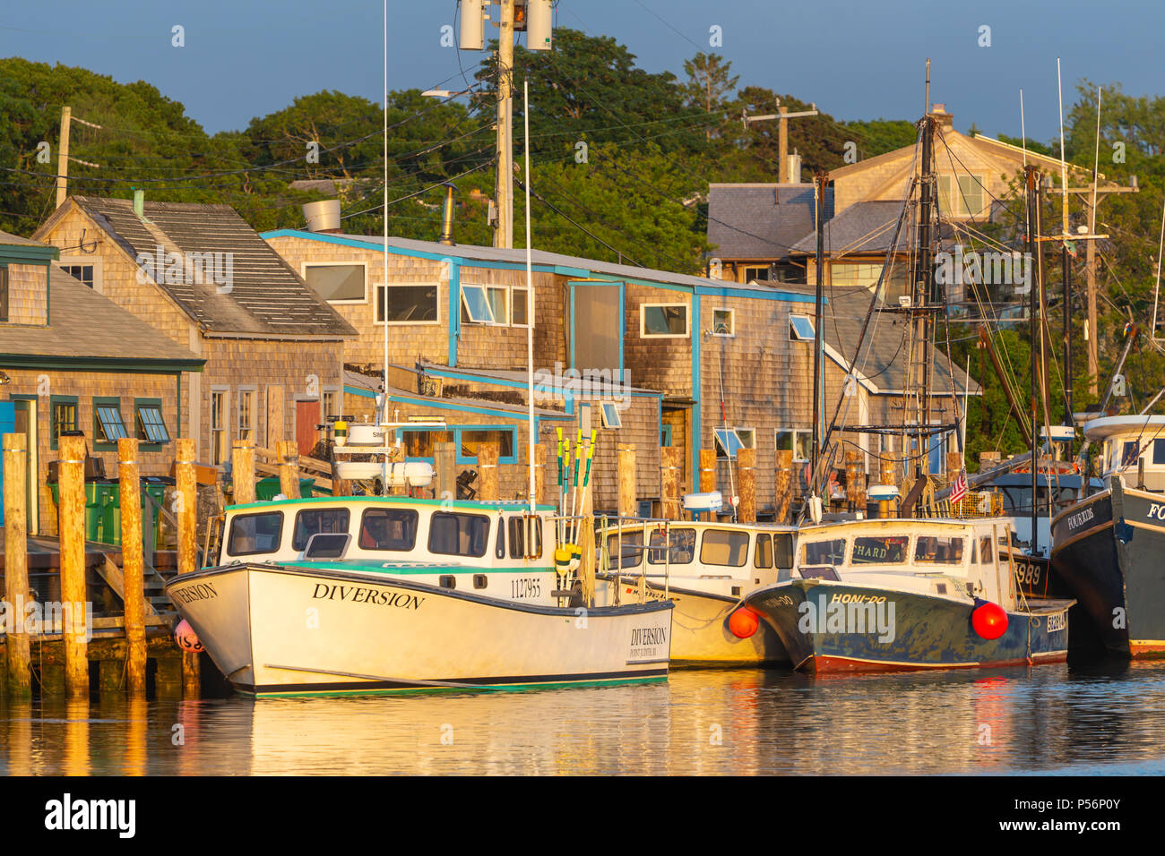 Commerciale di pesca barche ormeggiate nel bacino di Menemsha, nel villaggio di pescatori di Menemsha in Chilmark, Massachusetts di Martha's Vineyard. Foto Stock