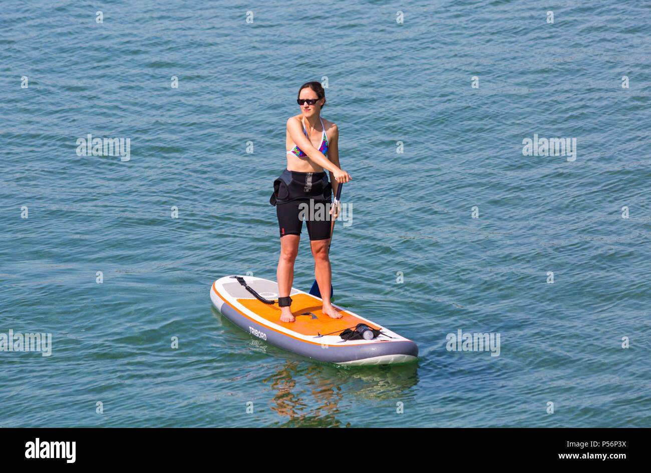 Paddleboarder, donna paddleboarding, a Bournemouth Dorset, Regno Unito nelle calde giornate di sole nel giugno - paddle boarder paddle boarding Foto Stock