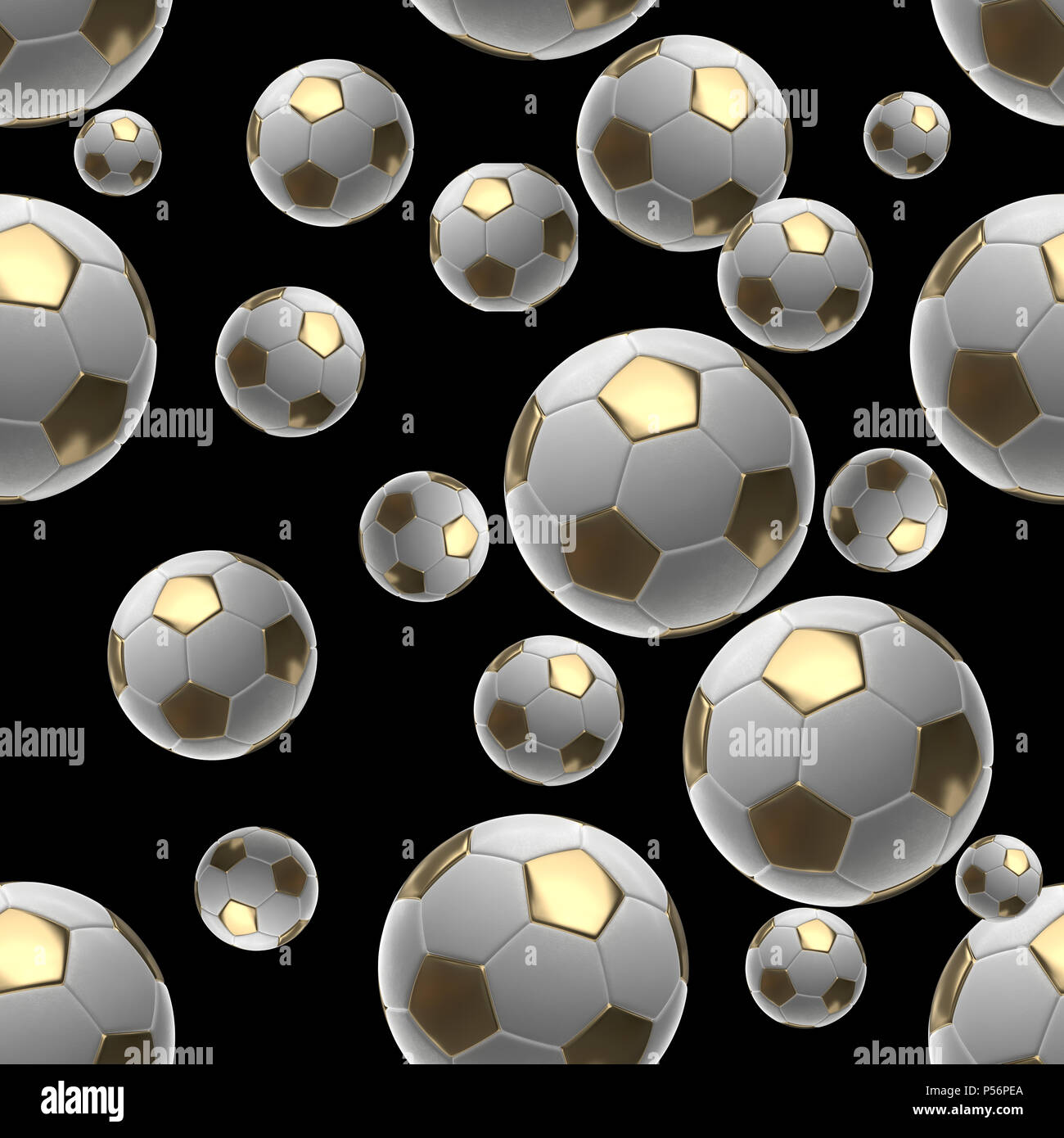 Soccer-sfere isolati su sfondo nero seamless pattern 3d illustrazione Foto Stock