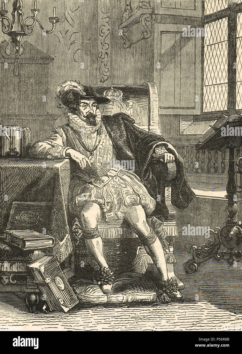 Re Giacomo I d'Inghilterra, Re Giacomo VI di Scozia, seduto sul suo trono Foto Stock