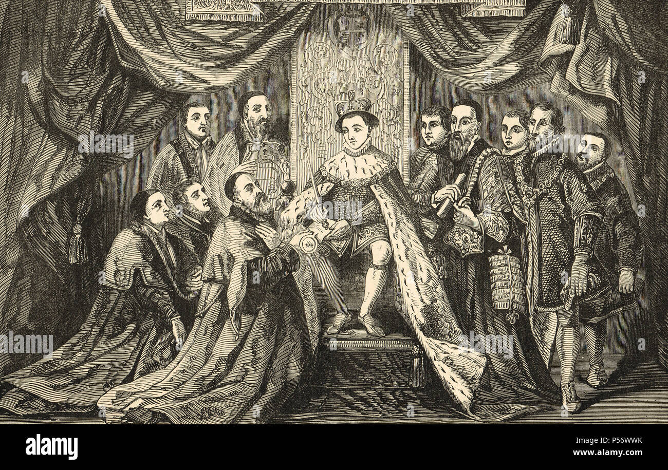 Il re Edoardo VI d'Inghilterra, concessione del Royal Charter a Bridewell ospedale, 1553 Foto Stock