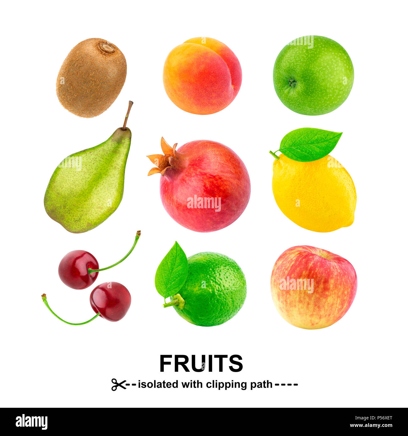 Raccolta di frutti. Frutti diversi isolati su sfondo bianco con percorso di clipping. Foto Stock