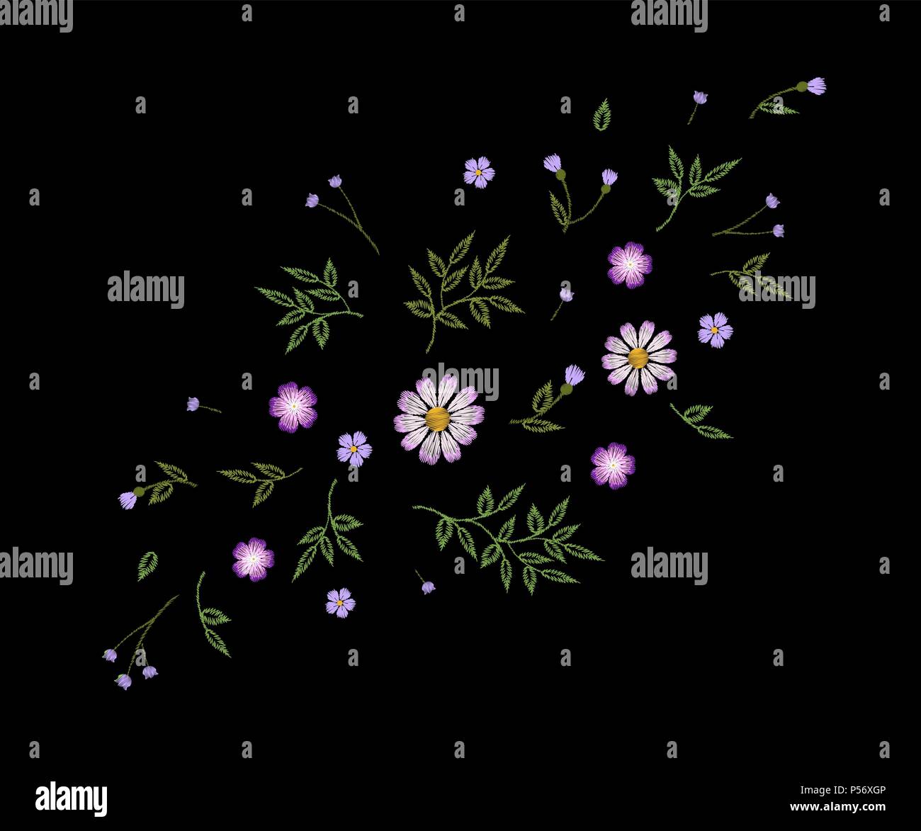 Campo piccolo fiore ricamo realistiche. Erbe selvatiche daisy stampa tessile decorazione nero moda tradizionale illustrazione vettoriale design vintage modello. Impianto di camomilla fiori ornamento ditsy Illustrazione Vettoriale