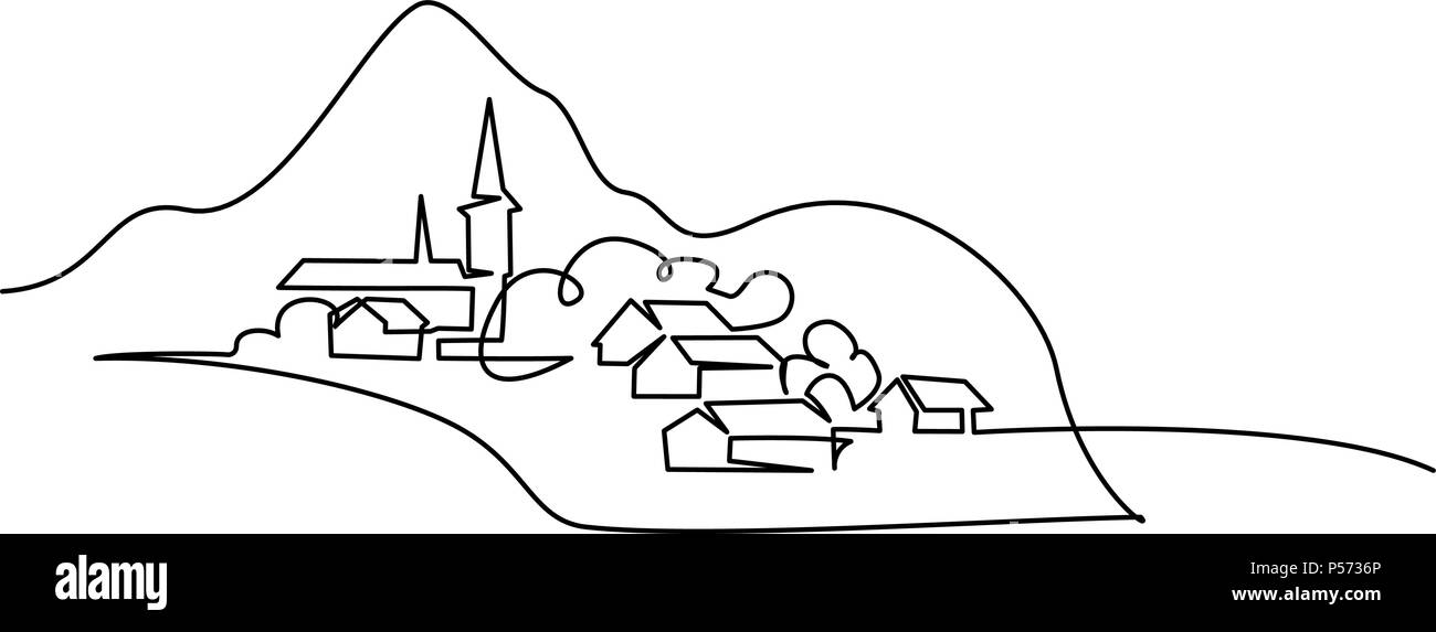 Paesaggio con villaggio sulla collina Illustrazione Vettoriale