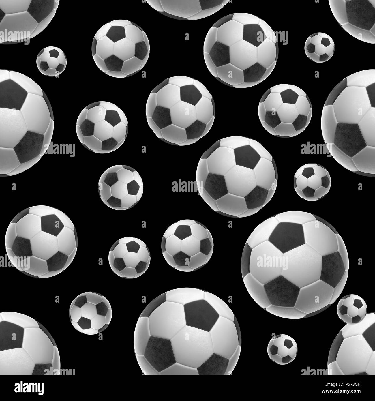 Soccer-sfere isolati su sfondo nero seamless pattern 3d illustrazione Foto Stock