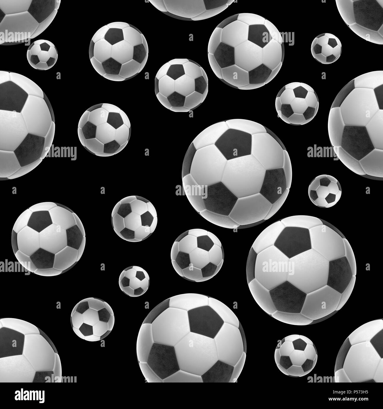 Soccer-sfere isolati su sfondo nero seamless pattern 3d illustrazione Foto Stock