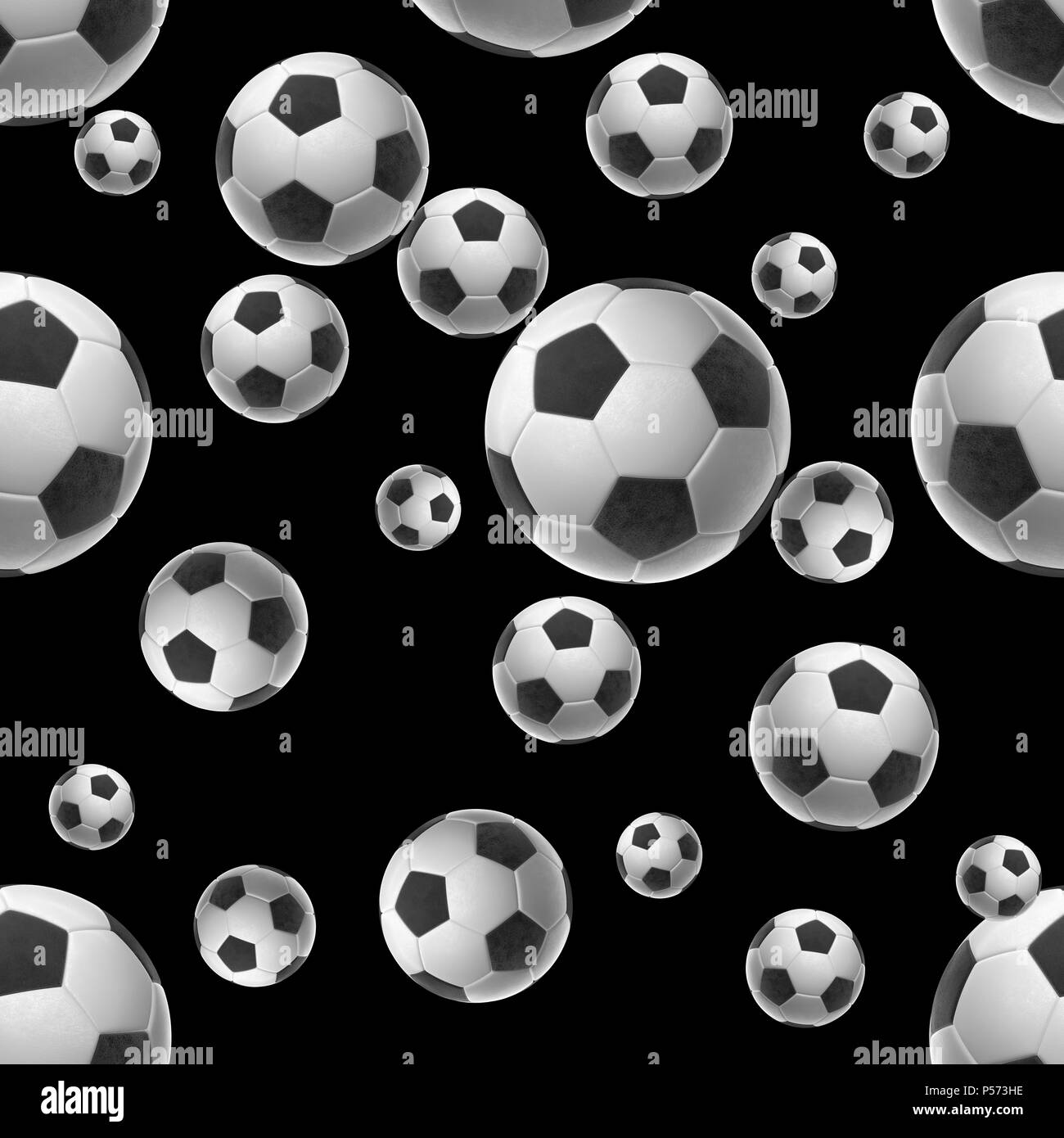 Soccer-sfere isolati su sfondo nero seamless pattern 3d illustrazione Foto Stock
