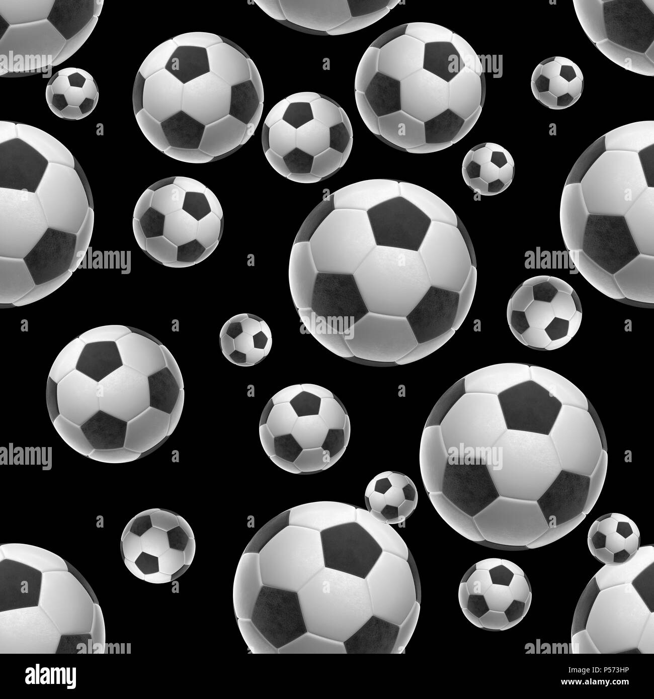 Soccer-sfere isolati su sfondo nero seamless pattern 3d illustrazione Foto Stock