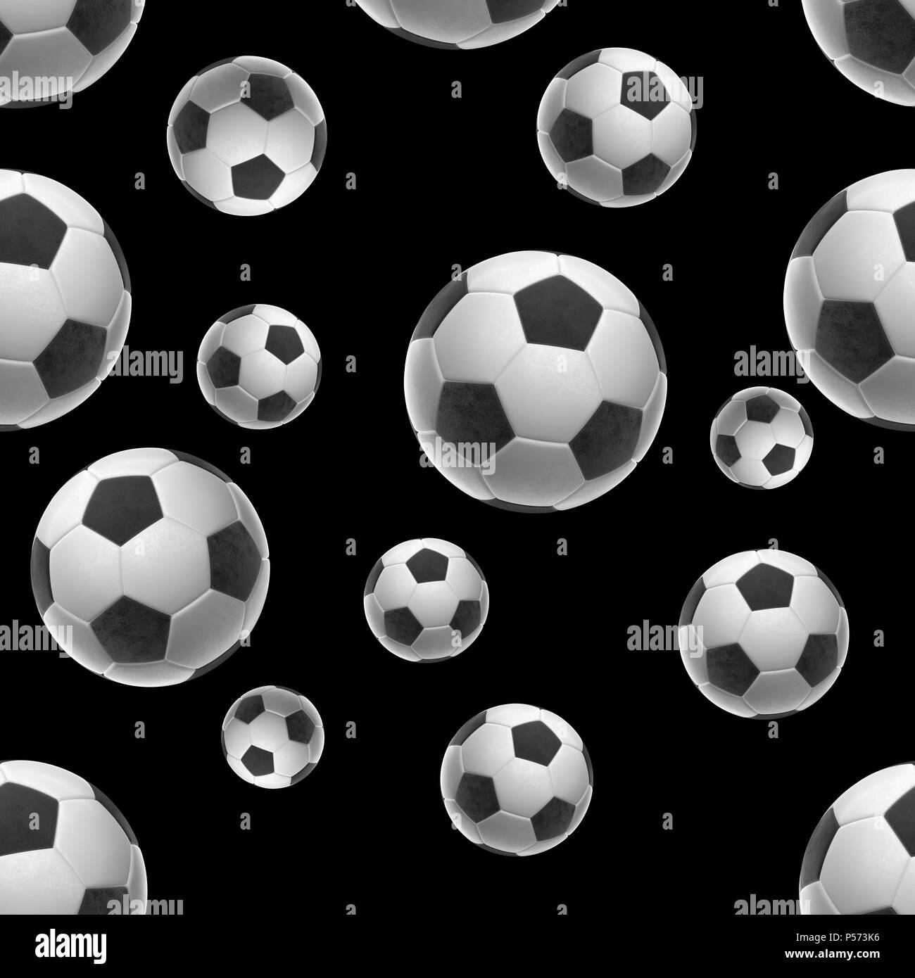 Soccer-sfere isolati su sfondo nero seamless pattern 3d illustrazione Foto Stock