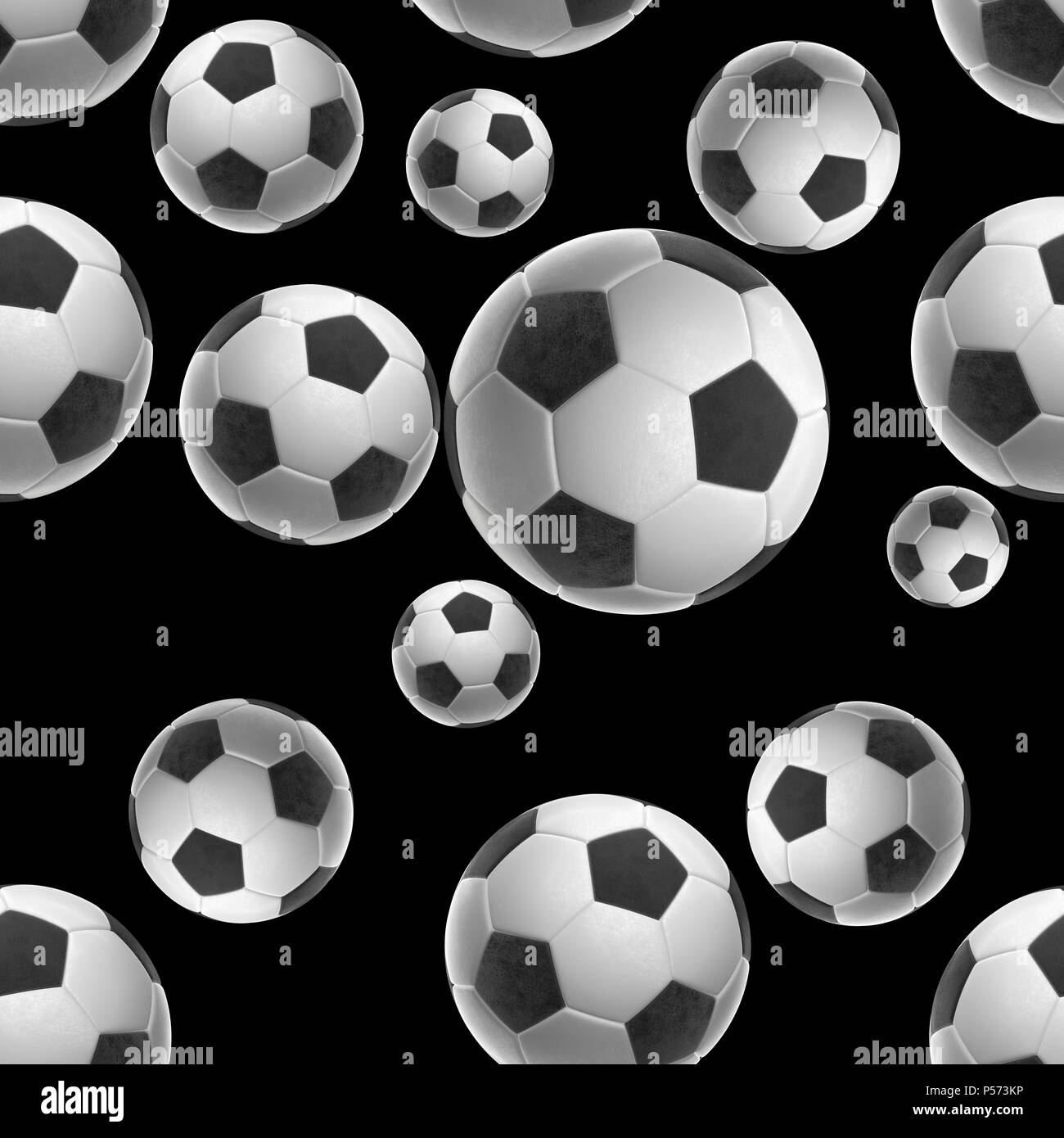 Soccer-sfere isolati su sfondo nero seamless pattern 3d illustrazione Foto Stock