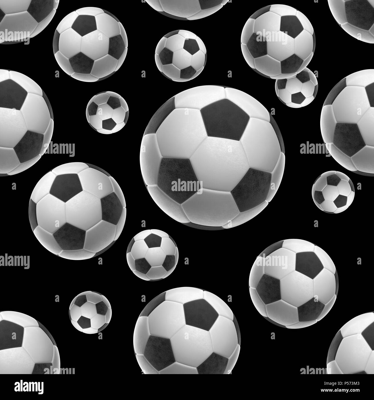 Soccer-sfere isolati su sfondo nero seamless pattern 3d illustrazione Foto Stock