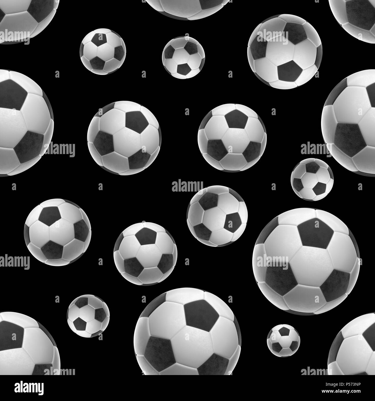 Soccer-sfere isolati su sfondo nero seamless pattern 3d illustrazione Foto Stock