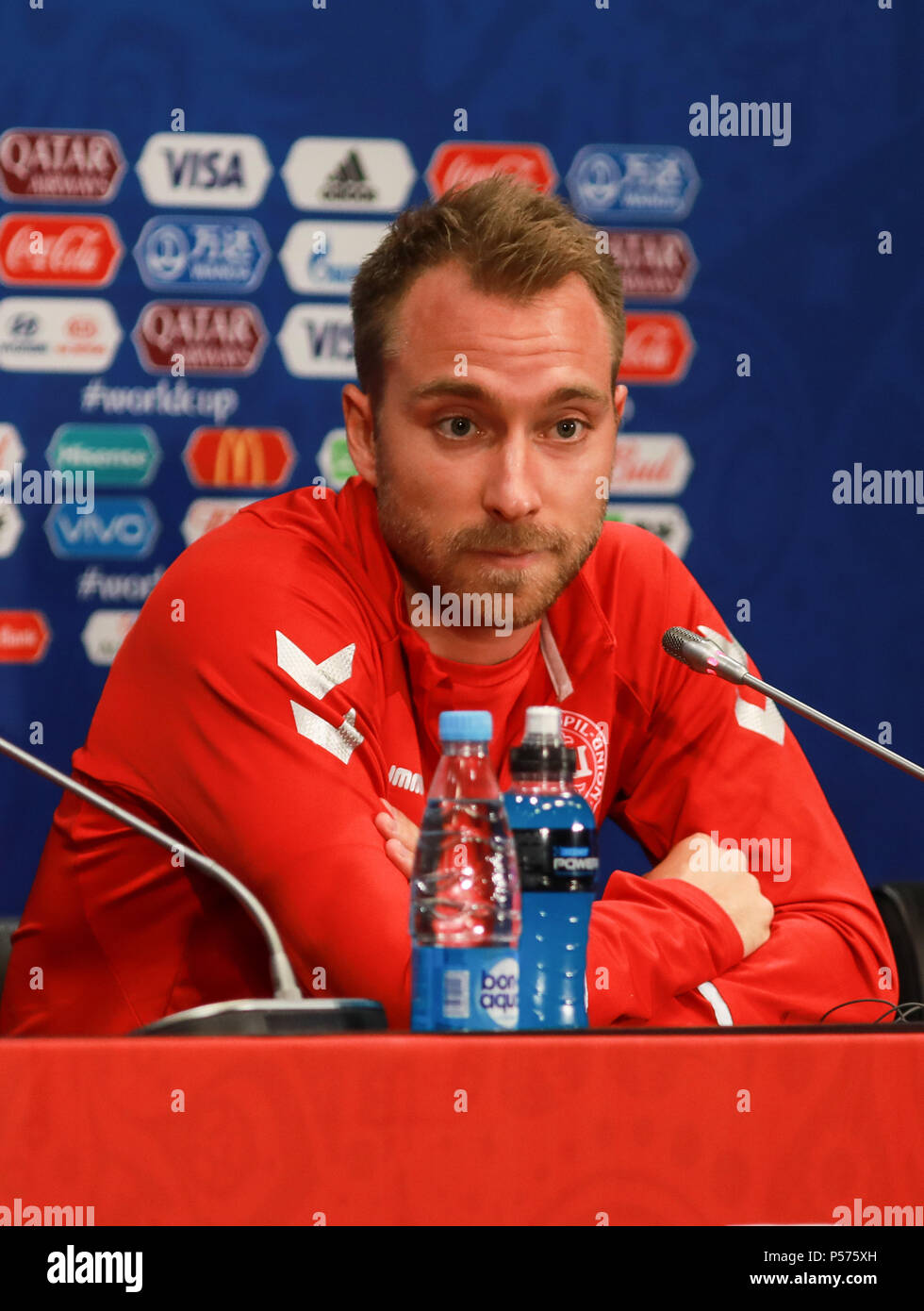 MOSCOU, MO - 25.06.2018: DANIMARCA LA FORMAZIONE A MOSCA - Christian Eriksen durante una conferenza stampa della Nazionale Danese al Luhzinik Stadium di Mosca, Russia. (Foto: Ricardo Moreira/Fotoarena) Foto Stock