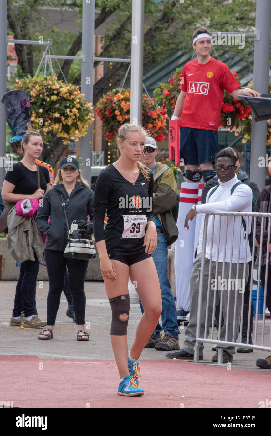 Giugno 23, 2018; Donne Salto in alto al via Takeover, Olympic Plaza, centro di Calgary, Alberta, Canada. Foto Stock