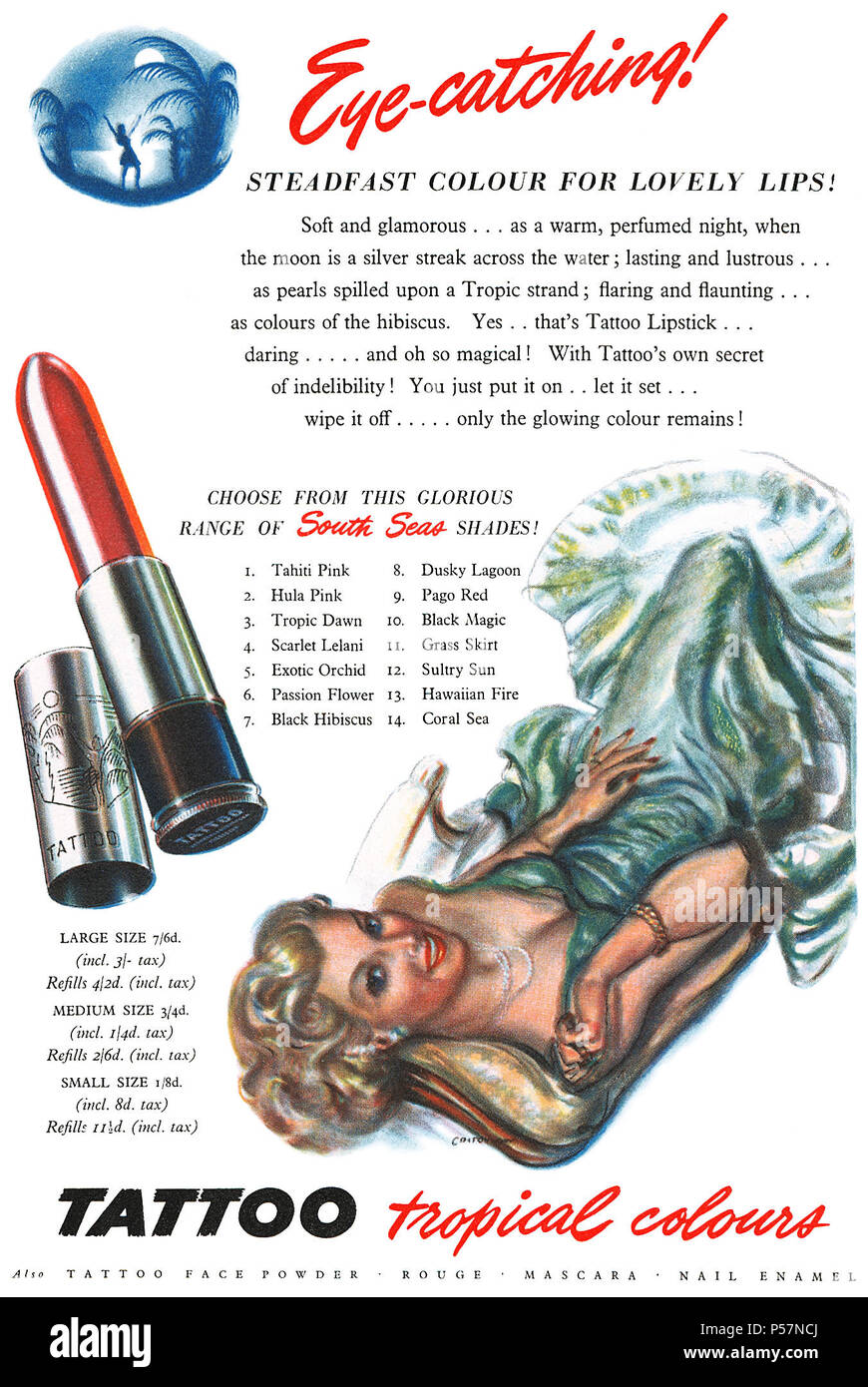 1949 British pubblicità per Tattoo rossetto. Foto Stock