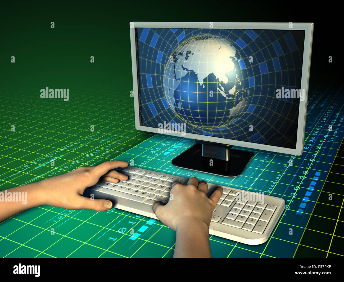 Alcune mani digitando su una tastiera del computer mentre un globo terrestre emerge da un monitor. Illustrazione Digitale. Foto Stock