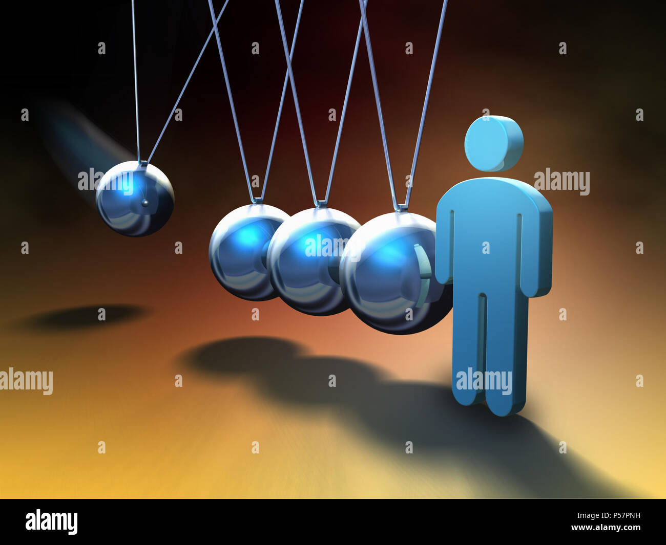 Icona di persone in procinto di essere colpito da una sfera oscillante su un Newton la culla. Illustrazione Digitale. Foto Stock
