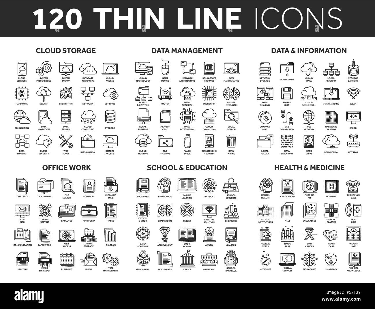 Cloud storage. La gestione dei dati. Computing. Informazioni. La connessione a Internet. Il lavoro di ufficio. Scuola e istruzione. La medicina. Sottile linea nera set di icone. Corsa. Illustrazione Vettoriale