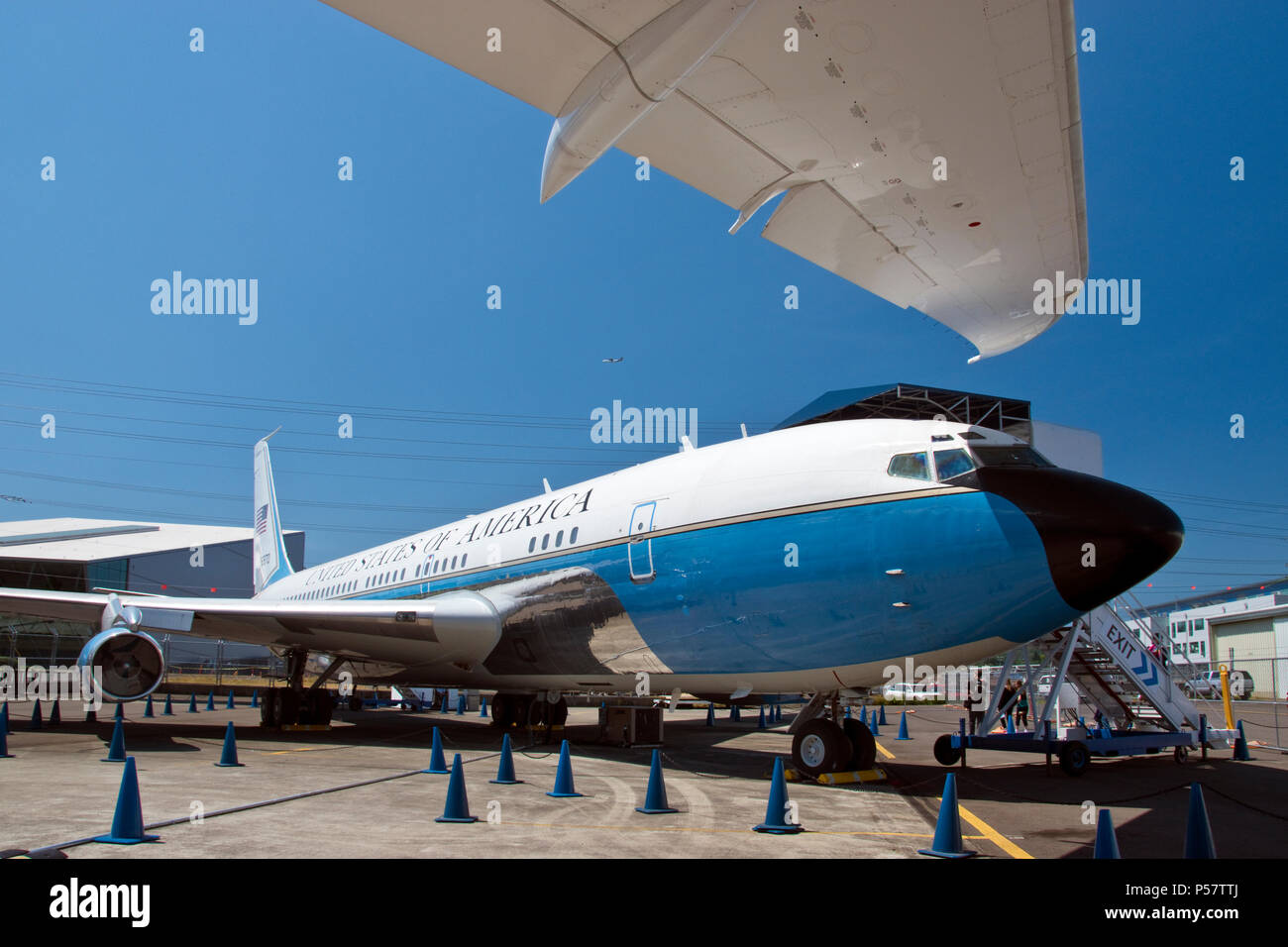 Il primo getto powered "Air Force One" aereo presidenziale, un Boeing 707, in mostra presso il Museo del Volo, Boeing Field, Washington. Foto Stock