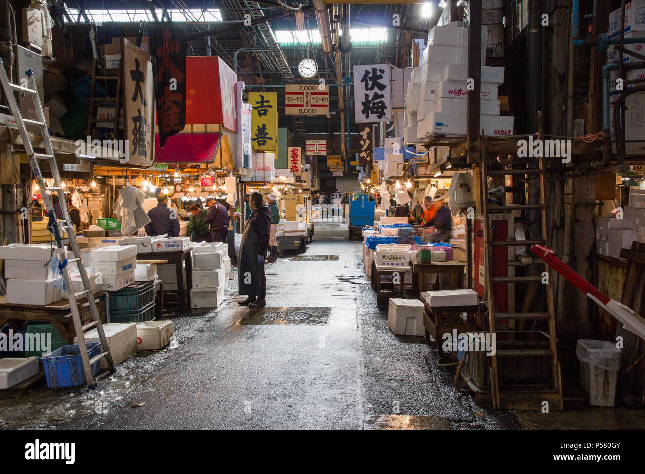 Scena atmosferica verso il centro del mercato del pesce Tsukiji mostrando tutte le scatole di piatti a base di frutti di mare e insegne colorate del mercato Foto Stock