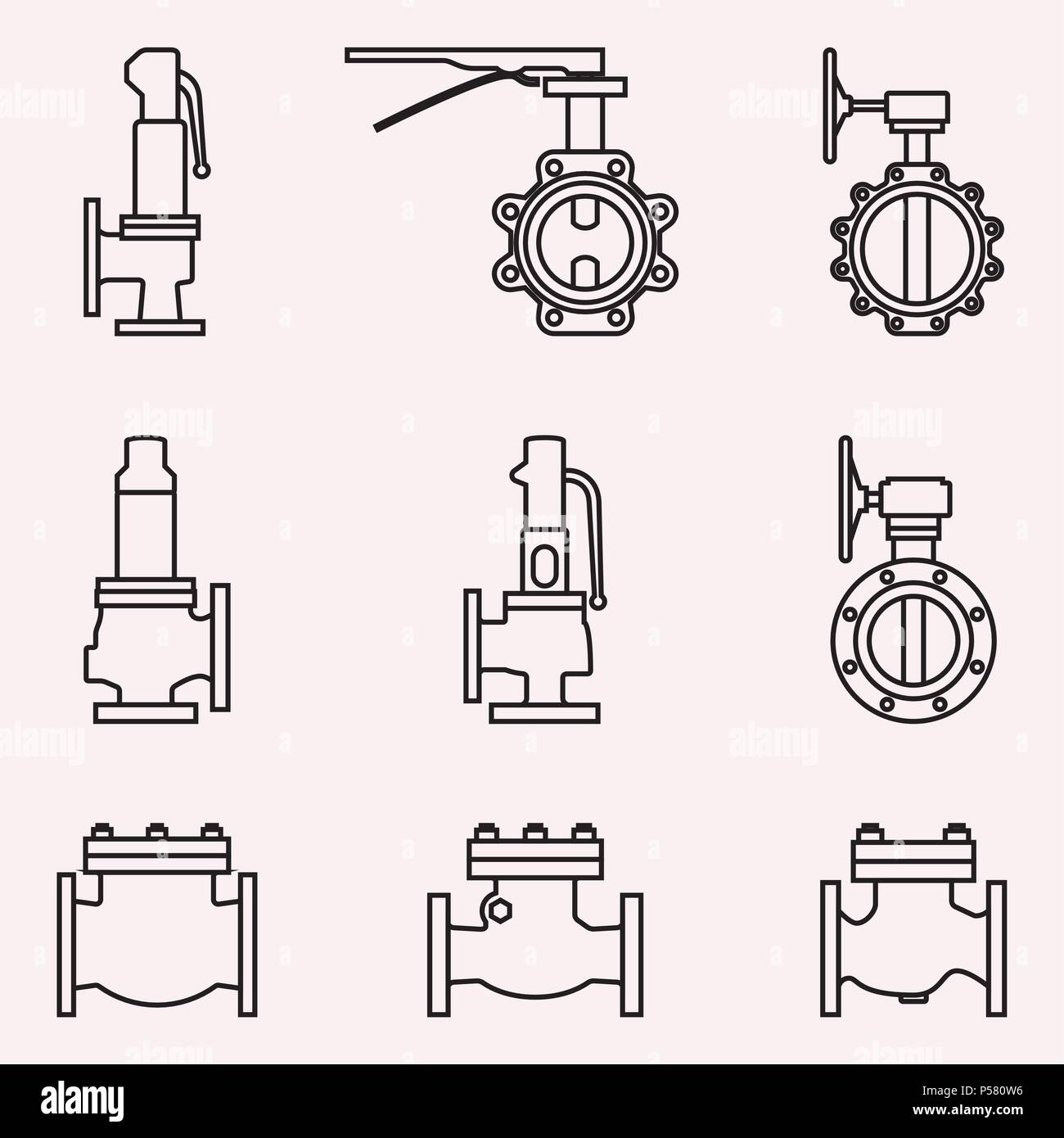 Valvole industriali icon set. Linea sottile vettore Illustrazione Vettoriale