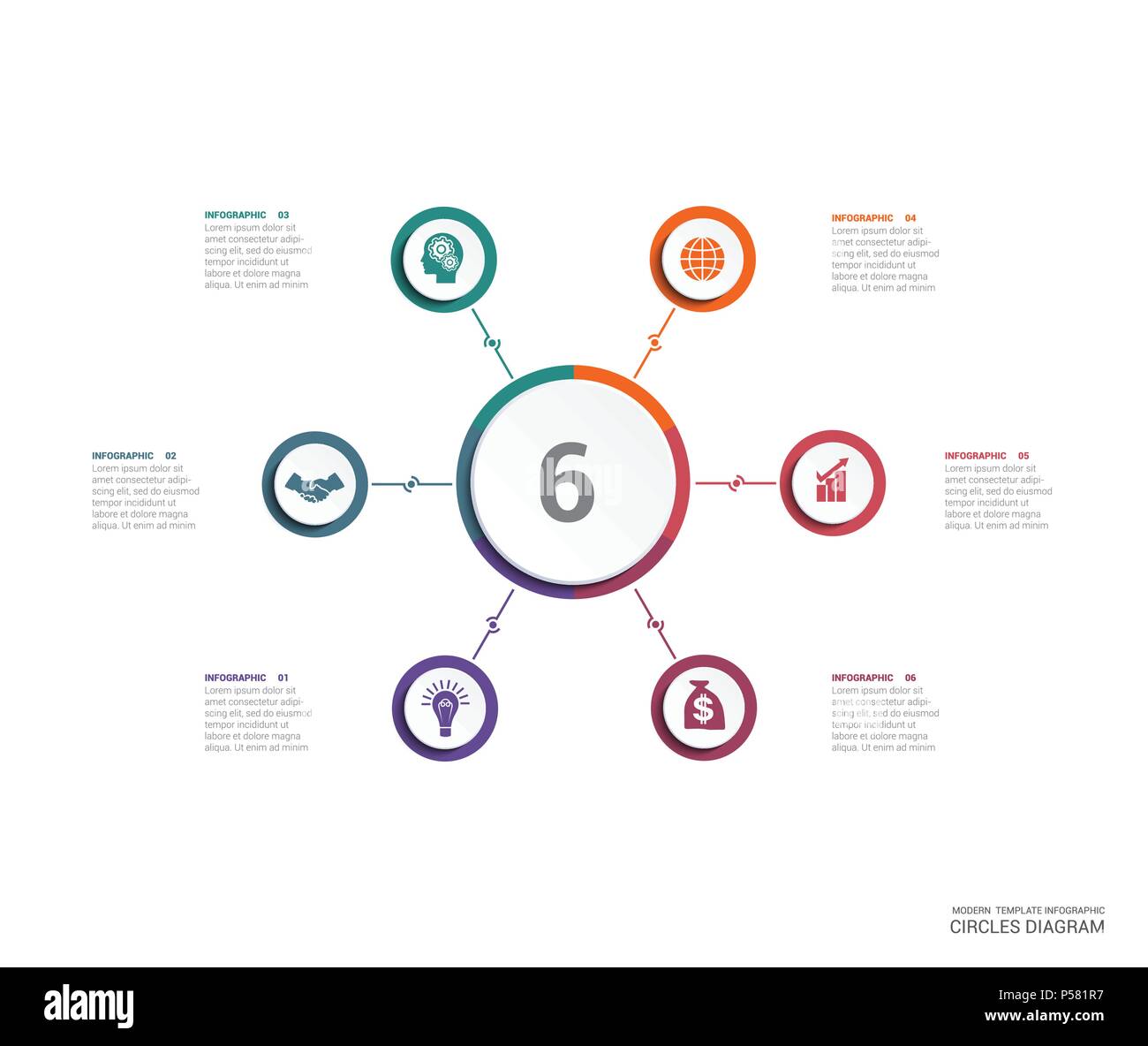 Grafico ad area diagramma degli elementi dei dati per il modello infographics 6 posizione, fasi, parti, opzioni. Illustrazione Vettoriale