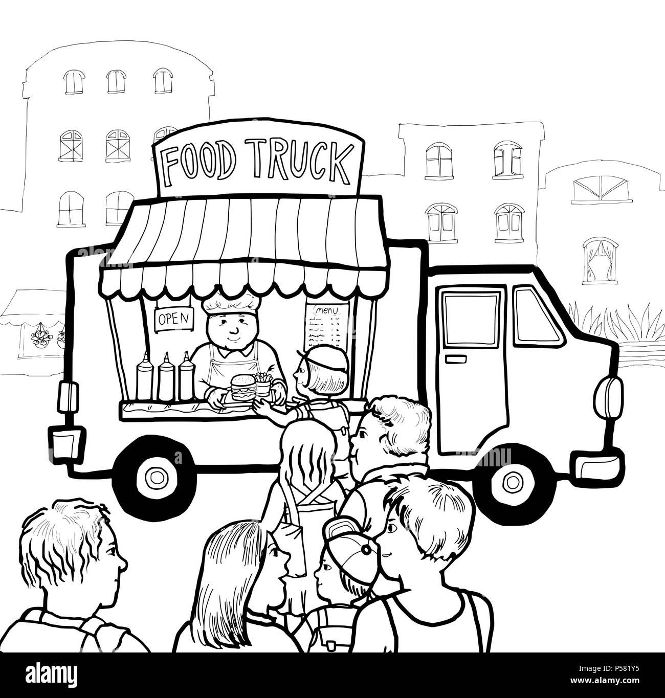Un cibo di strada carrello in città la vendita di portar via il cibo e le bevande hamburger. Foto Stock