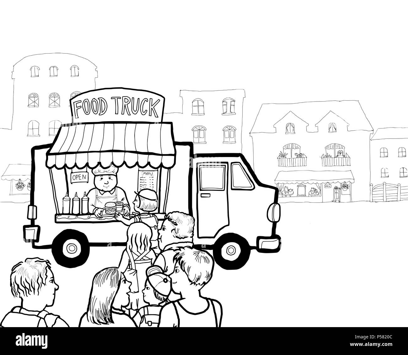 Un cibo di strada carrello in città la vendita di portar via il cibo e le bevande hamburger. Foto Stock