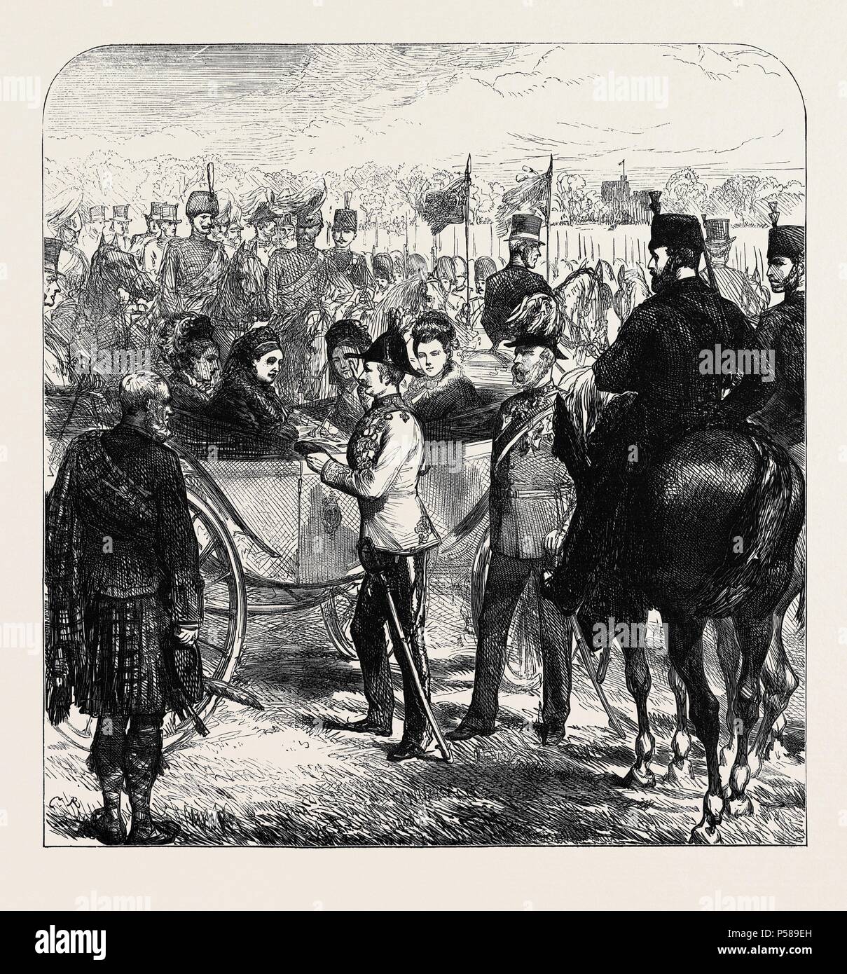 La revisione a Windsor: LA REGINA PRESENTANDO LA CROCE DI ST. MICHAEL E ST. GEORGE A SIR GARNET WOLSELEY, 1874. Foto Stock