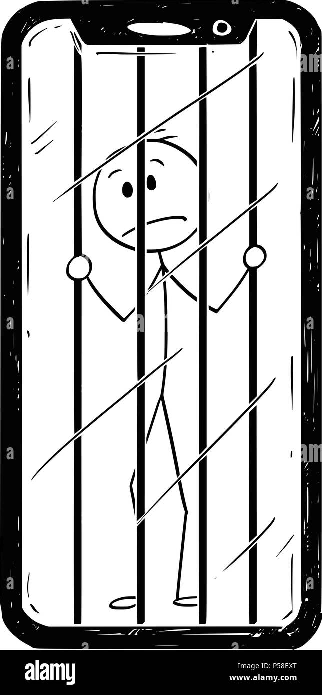 Cartoon di uomo o imprenditore intrappolato dentro il suo telefono cellulare Illustrazione Vettoriale