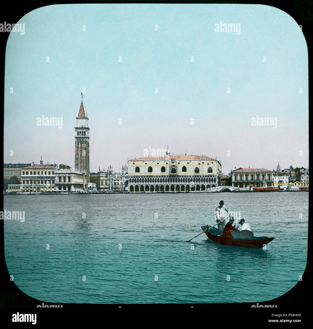 Paesaggio visto dall acqua, Venezia, Italia, Hand-Colored Magic Lantern Slide, Newton & Company, 1910 Foto Stock