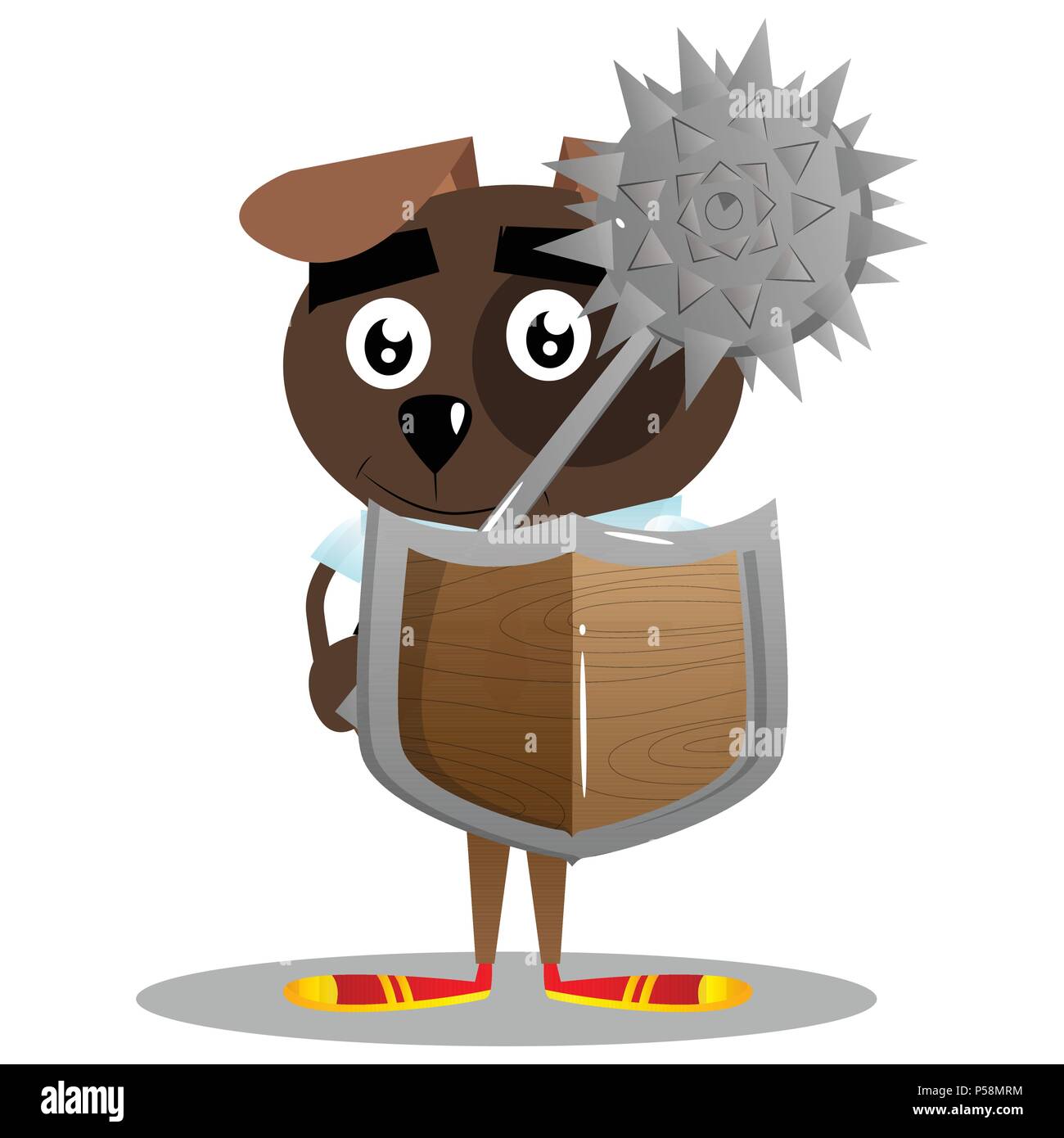 Cartoon illustrato cane business tenendo un spiked macis e protezione. Illustrazione Vettoriale