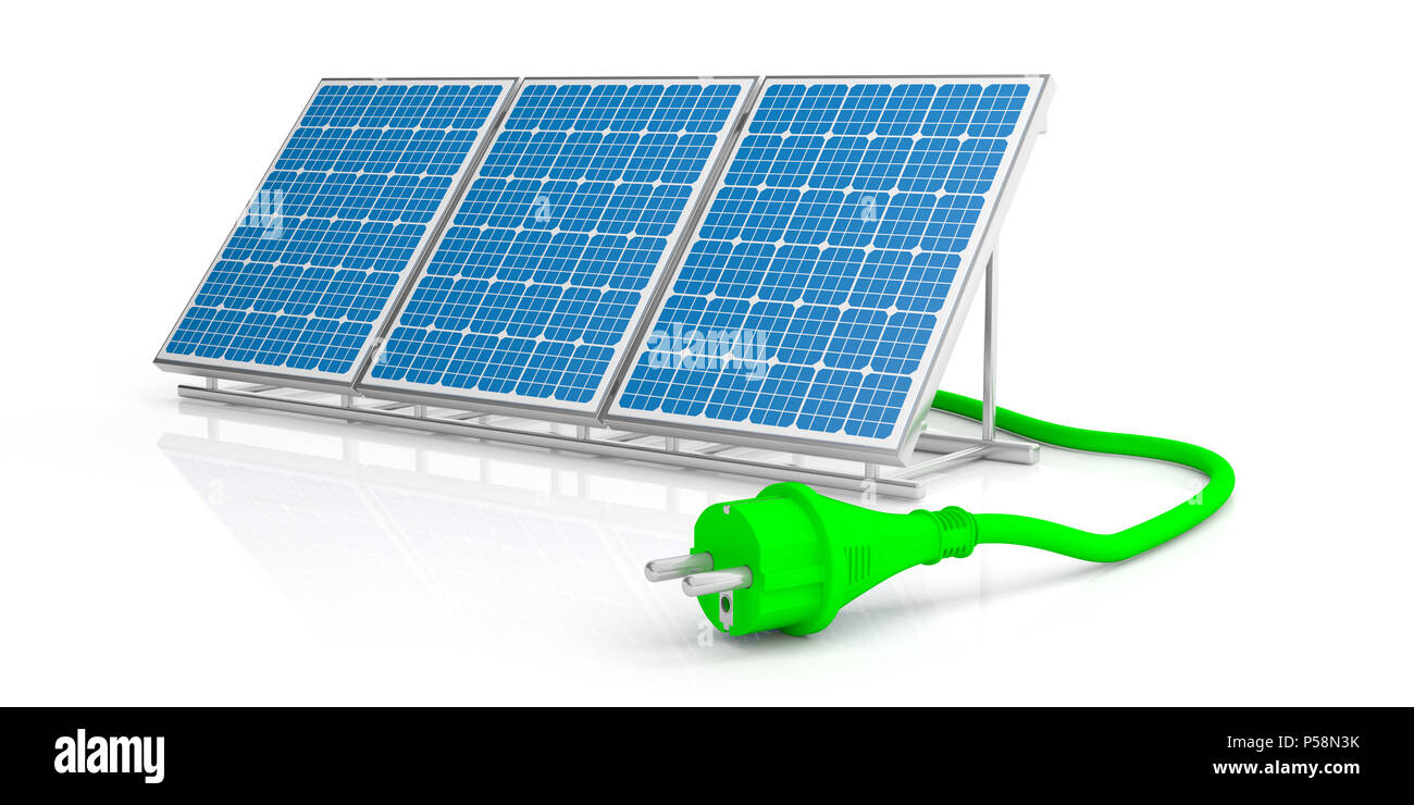 L'energia alternativa concetto. Spina di alimentazione e pannello solare isolato su sfondo bianco. 3d illustrazione Foto Stock