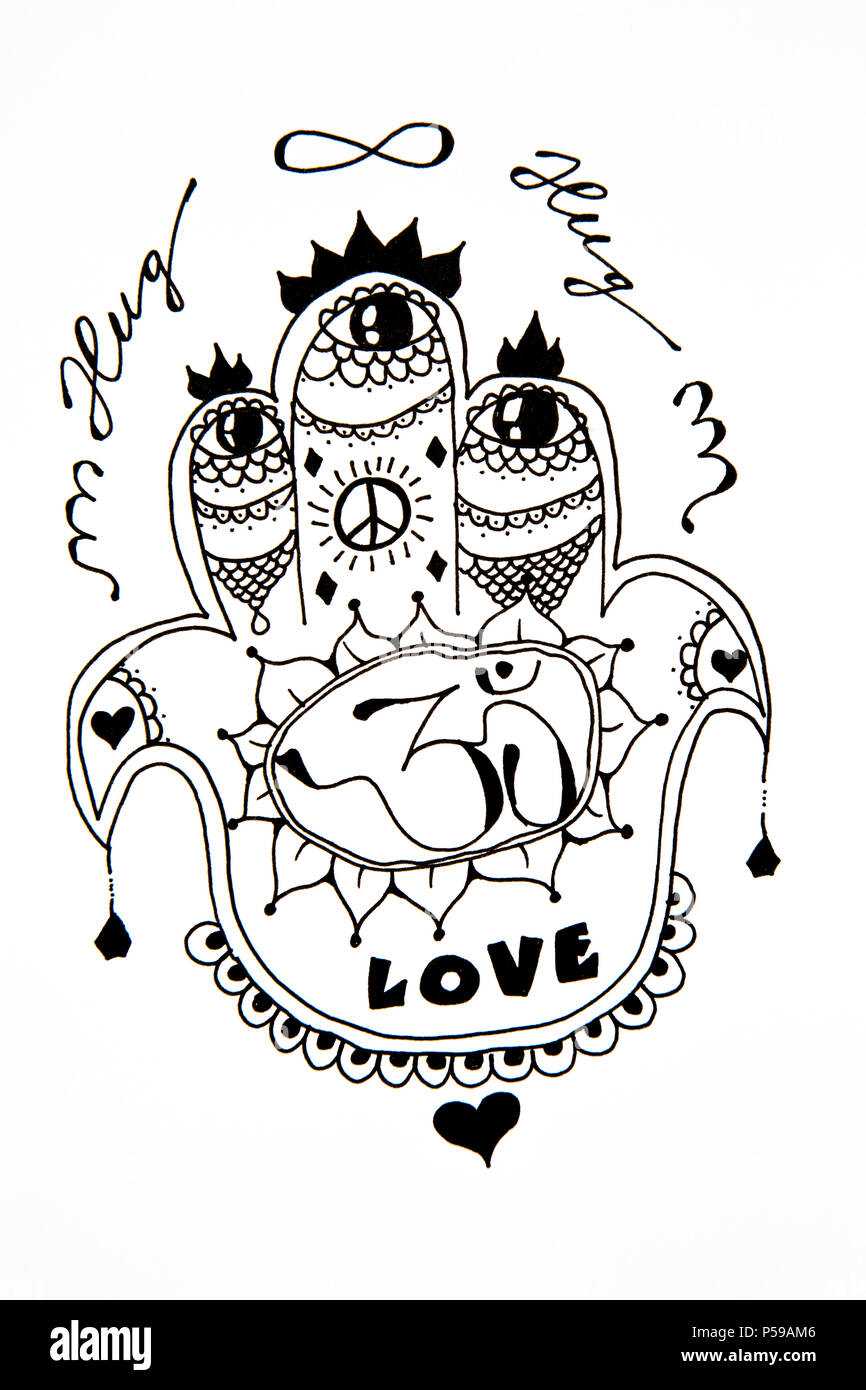 Hamsa decorative in bianco e nero del disegno a mano Foto Stock
