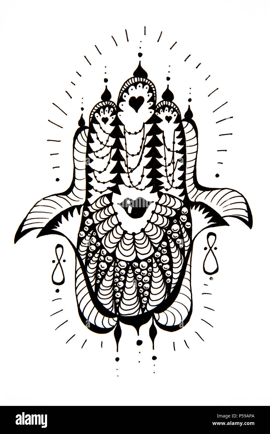 Hamsa decorative in bianco e nero del disegno a mano Foto Stock