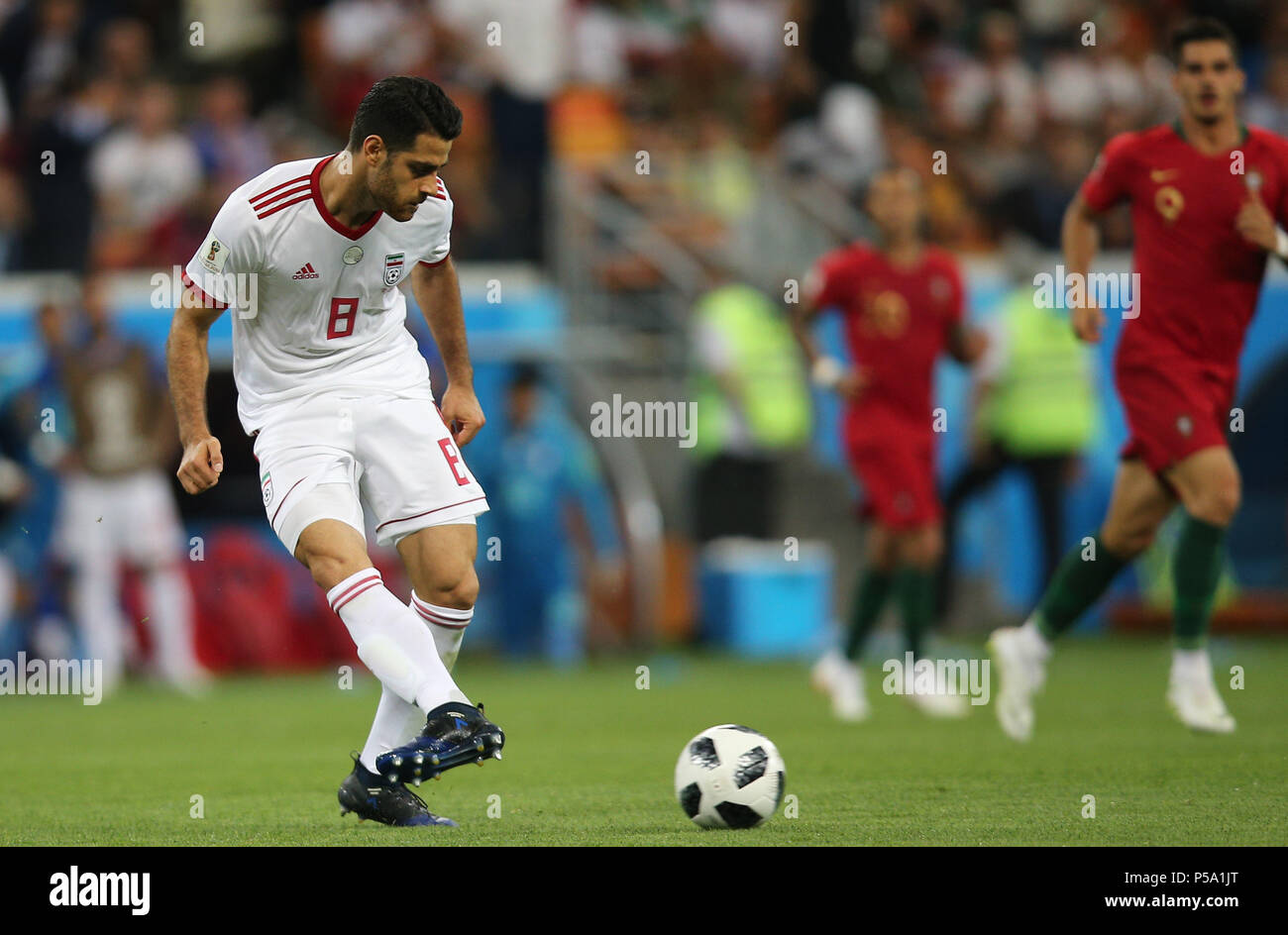 Saransk, Russia. 25 GIU, 2018. POUROLIGANJI in azione durante la Coppa del Mondo FIFA Russia 2018, gruppo B, la partita di calcio tra IRAN V del Portogallo in MORDOVIA ARENA STADIUM di SARANSK. Credito: marco iacobucci/Alamy Live News Foto Stock