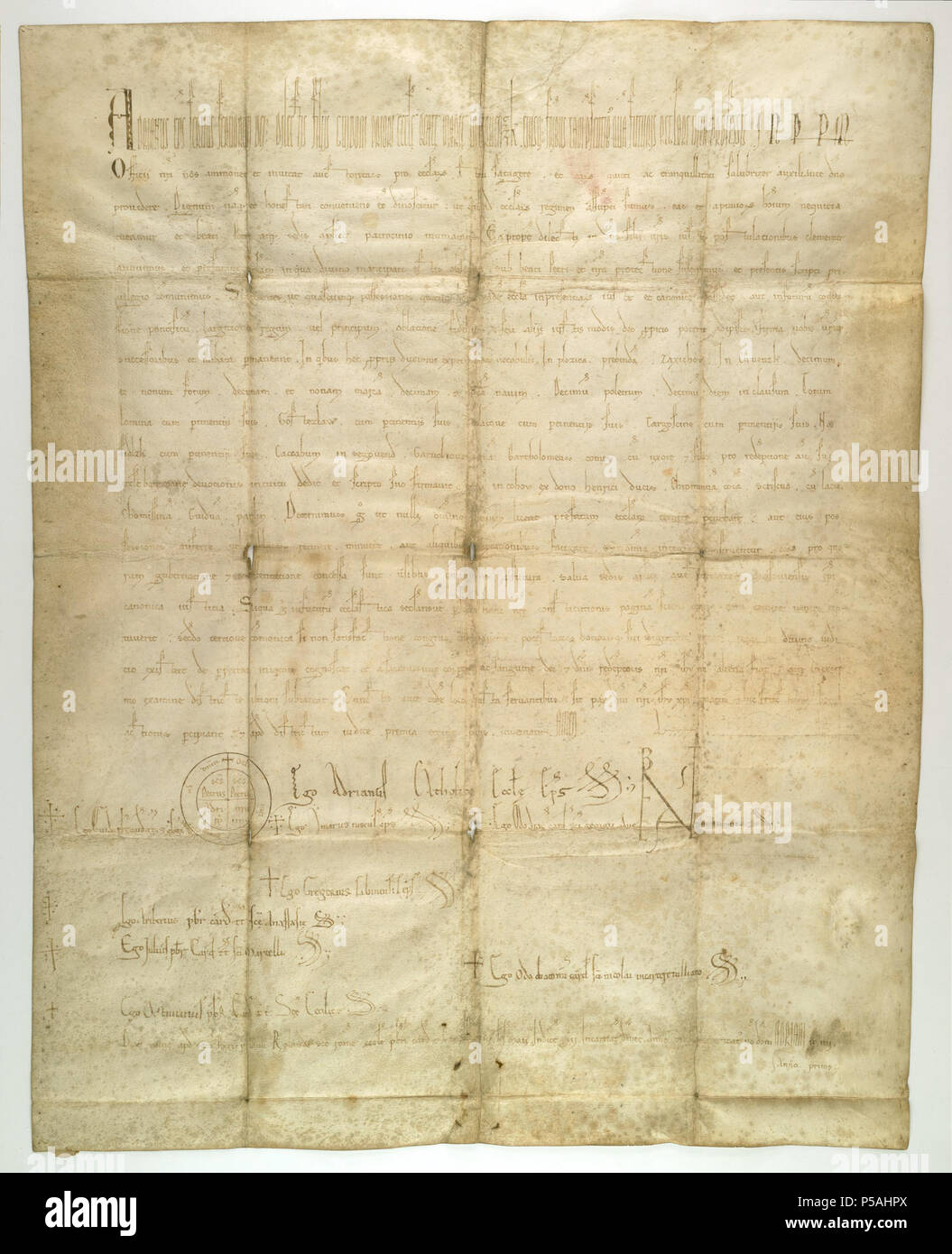 Polski: Adriano IV, papie, bierze pod klasztor opiek kanoników regularnych w Czerwisku wraz z jego dobrami w Pocku, Czerwisku ho Nasielsku. Il 18 aprile 1155. N/A 63 Adriano IV papiez bierze pod klasztor opieke w Czerwinsku Foto Stock