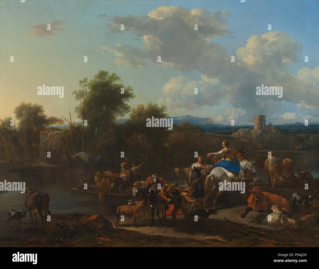 Il Traghetto di bovini . Il traghetto di bestiame. In primo piano i pastori con i loro cattles di vacche e pecore comprese una donna a cavallo sono in attesa di un traghetto per attraversare il fiume. Circa 1655. N/A 190 Het ponteveer Rijksmuseum SK-A-31 Foto Stock