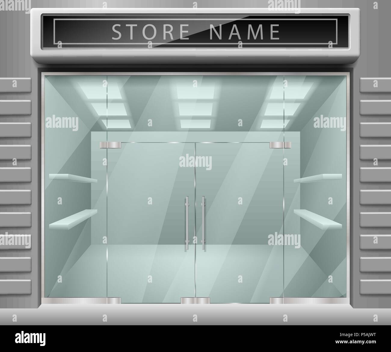 Modello per pubblicità 3d negozio facciata anteriore. Realistico orizzontale esterna negozio vuoto con ripiani. Blank mockup del vetro elegante street shop esterno. Illustrazione Vettoriale Illustrazione Vettoriale